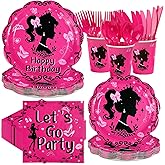 Greencian 168Pcs Hot Pink Birthday Party Supplies Set Black Fashion Girl Plates and Napkins Cute Princess Decorations Tableware Set for Birthday Disco Party Supplies，Serves 24