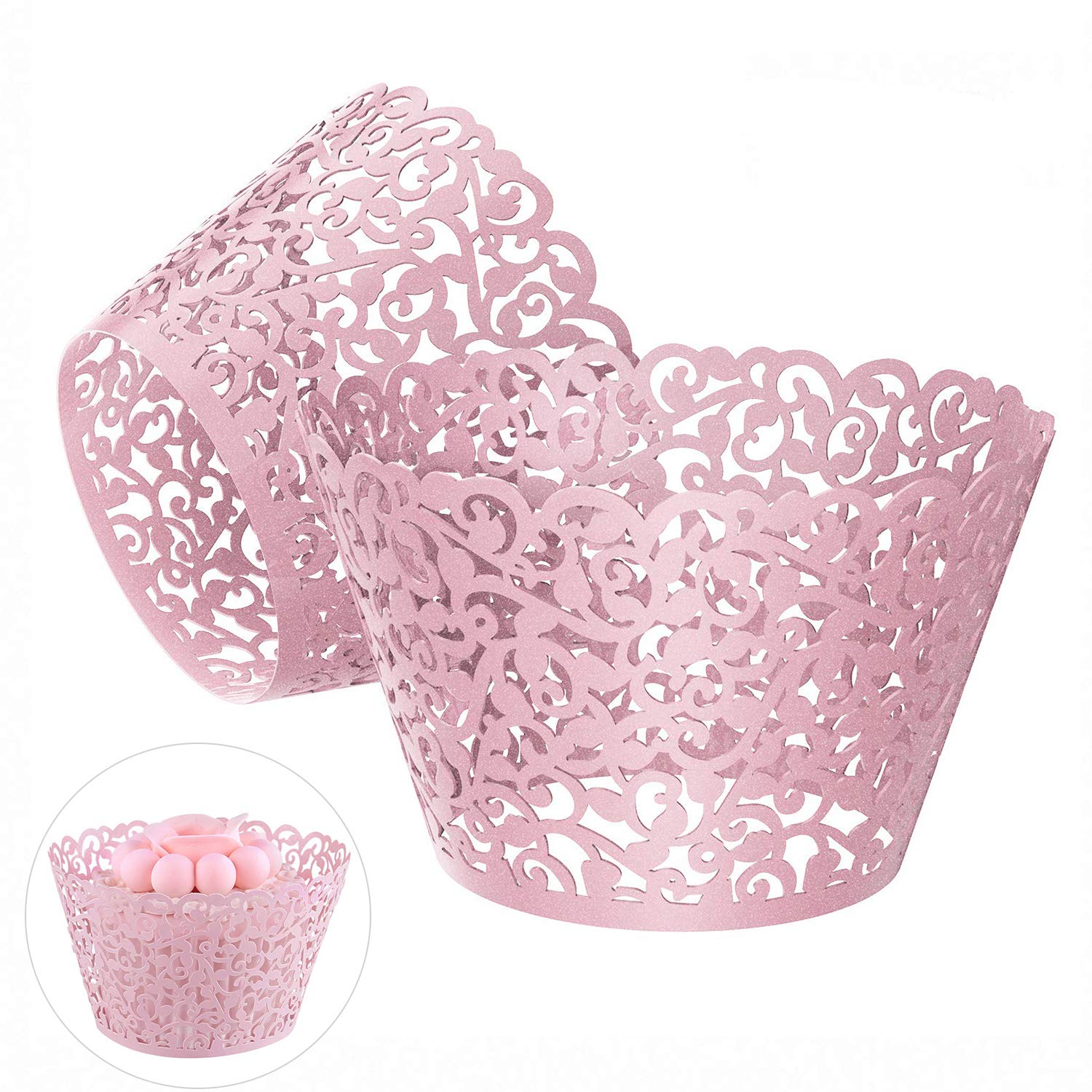 Gospire 50 pcs Pearl Lace Filigree Wedding Cupcake Wrapper Baking Cake Cups Wraps Party Decoration Laser Cut (Pink)