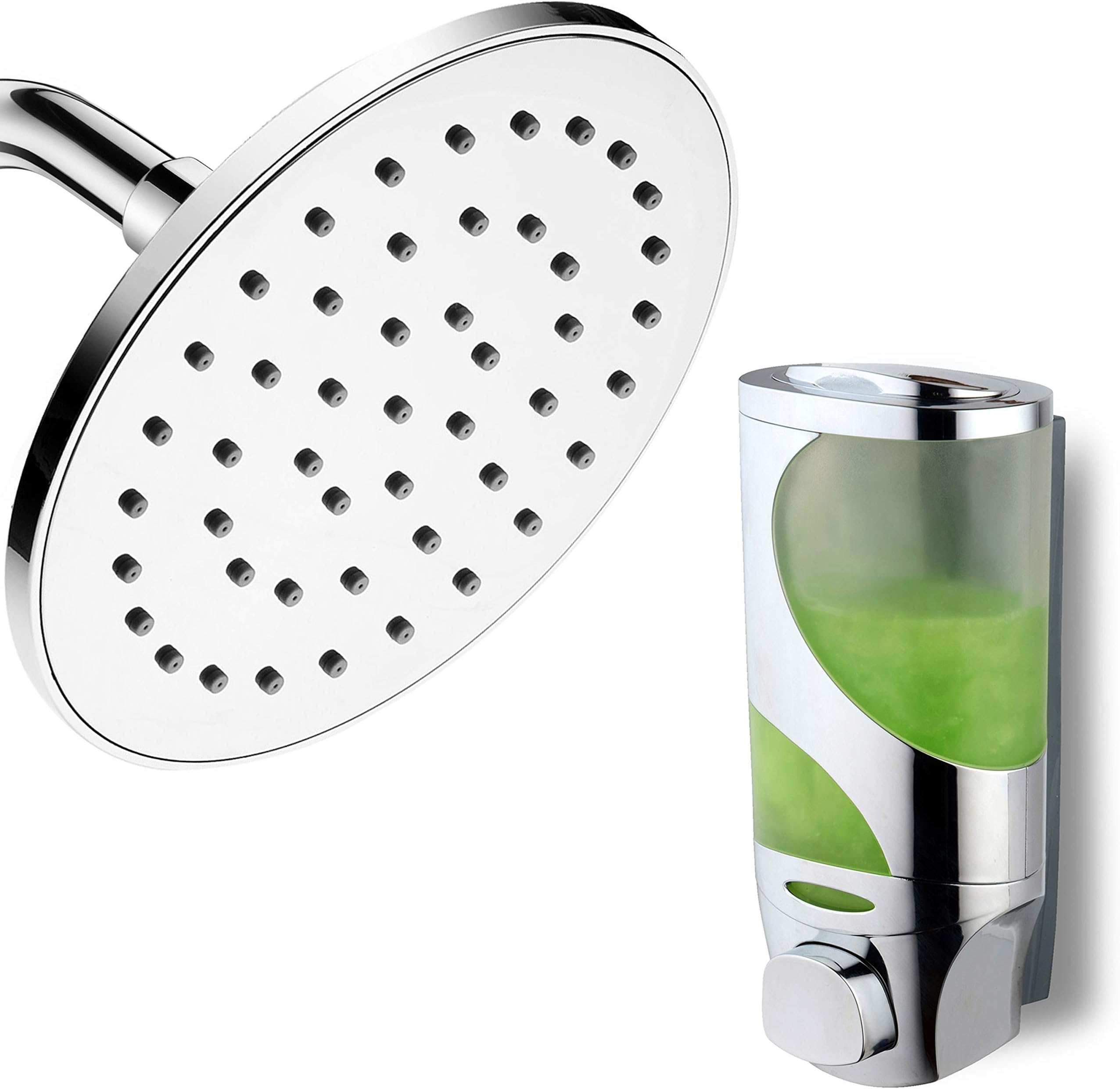 Hydroluxe 6-inch Rainfall Shower Head with Hydro Blast Technology for High Power Water Flow Performance PLUS Wave Luxury Soap / Shampoo / Lotion Modular Design Shower Dispenser