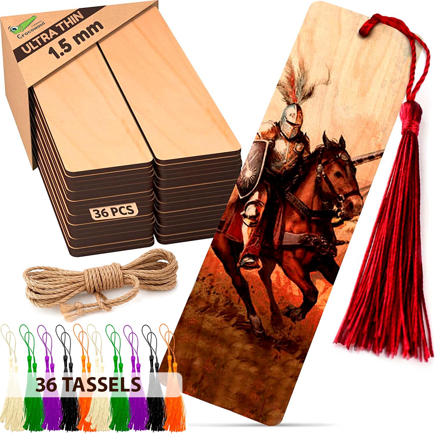 72 PCs Thin 1,5 mm Wood Blank Bookmarks with Tassels for Crafts Set - 36 Rectangle Wooden Bookmarks with Rope and 36 Random Color Tassels - Hanging Tags for Handmade as Birthday Gift