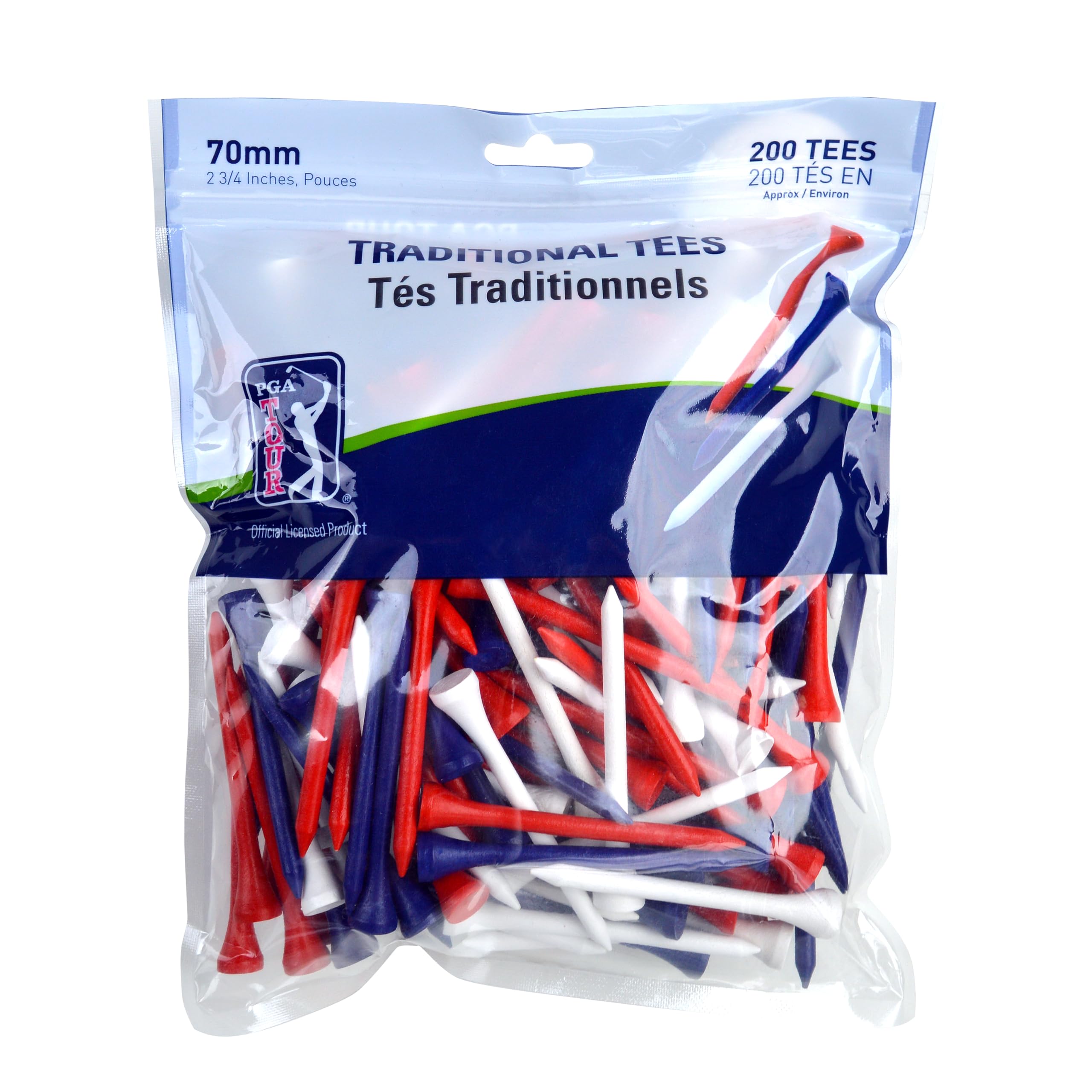PGA TOUR Golf Tees Wooden 200 Pack - Red, White, Blue - 70mm Extra-Long Tees for Perfect Drive - Wooden Golf Tees in Mixed Colors - Premium Quality Golf Tees for Optimal Performance