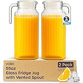 Glass Pitcher - (2 Pack) 1.7 Liter / 55 oz Clear Glass Pitchers with Handle and Lid - with Ribbed Design and Vented Spout - for Fridge Shelf and Everyday Use