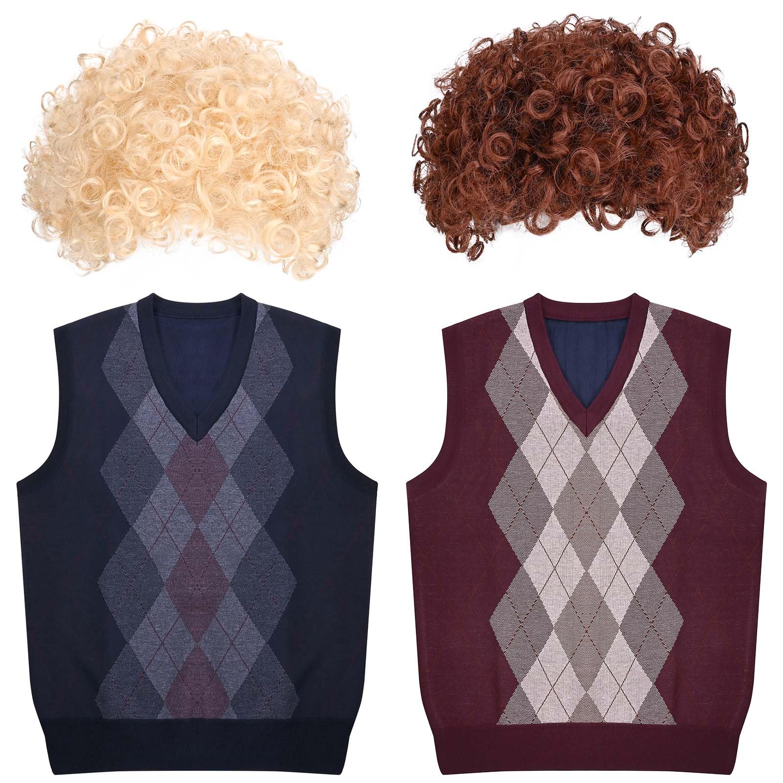 Photo 1 of 2 Set Halloween Cosplay Costume for Men with Knitted Vests and Afro Wig for Adult Halloween Cosplay (X-Large)