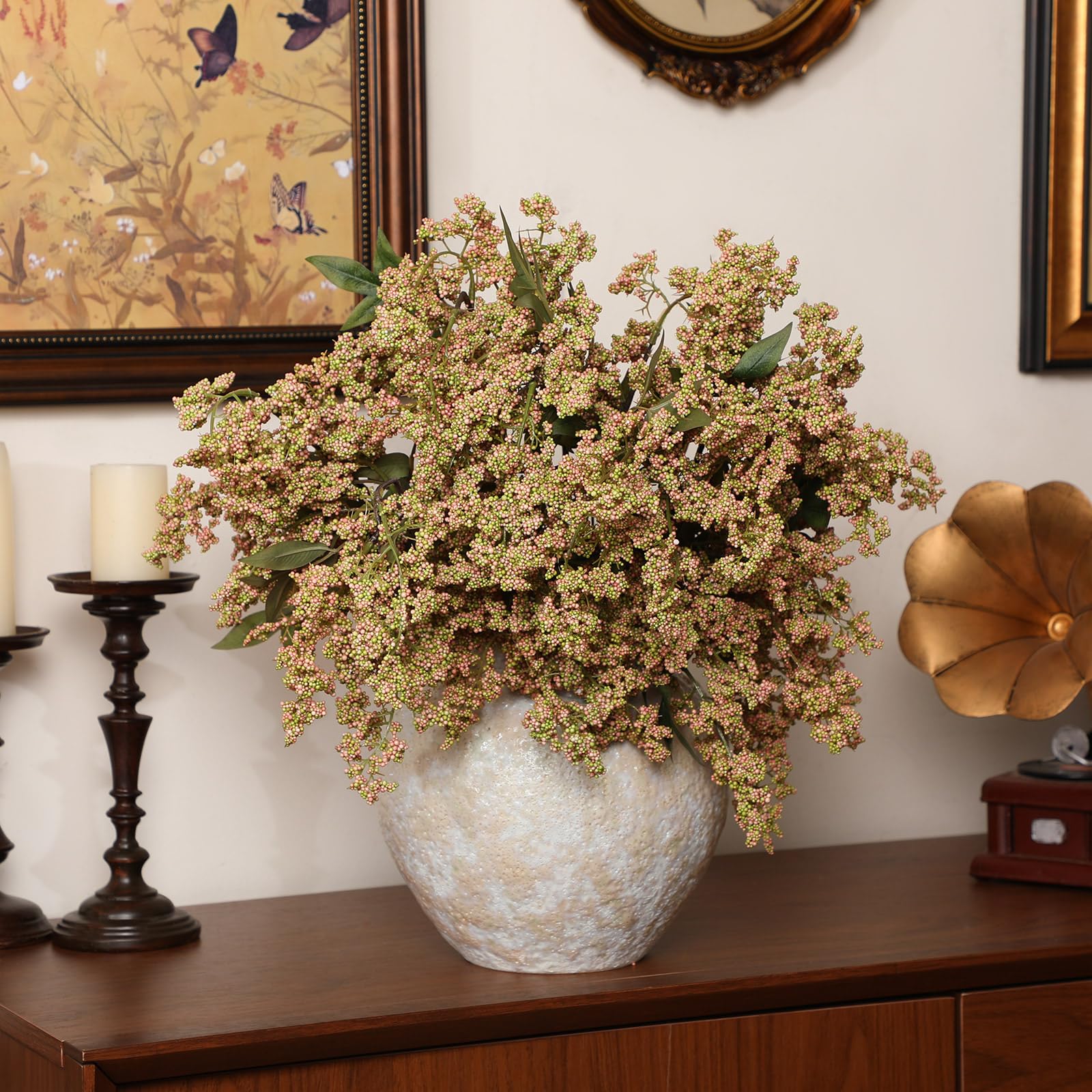 Photo 1 of Zeyune 3 Pcs Artificial Green Berry Stem 35 Inch Spring Faux Flowers Picks Branches Fake Realistic Sedum Stem Spray for Wedding Holiday Seasonal Farmhouse Mantel Harvest DIY Home Decorations