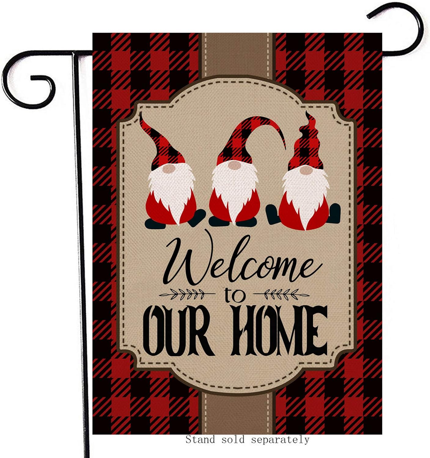 Artofy Welcome Home Christmas Decorative Small Garden Flag, Buffalo Plaid Check Gnomes House Yard Outside Xmas Black Red Decor, Winter Holiday Decoration Farmhouse Seasonal Outdoor Flag Vertical 12x18