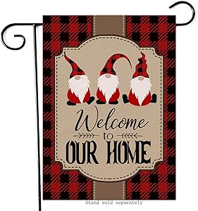 Artofy Welcome Home Christmas Decorative Small Garden Flag, Buffalo Plaid Check Gnomes House Yard Outside Xmas Black Red Decor, Winter Holiday Decoration Farmhouse Seasonal Outdoor Flag Vertical 12x18