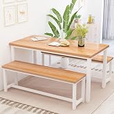 Recaceik 43.4" Dining Table Set for 4, Kitchen Table with 2 Benches, Walnut | Space-saving Kitchen Table Set, Steel Frame &amp; MDF, Modern Dining Room Table Set for Apartment, Breakfast Nook, Easy Assembly