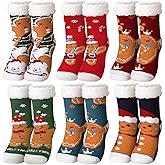Fourluoo 4 Packs Christmas Fuzzy Slipper Socks Xmas Fluffy Sherpa Thermal Socks with Grippers for Women men