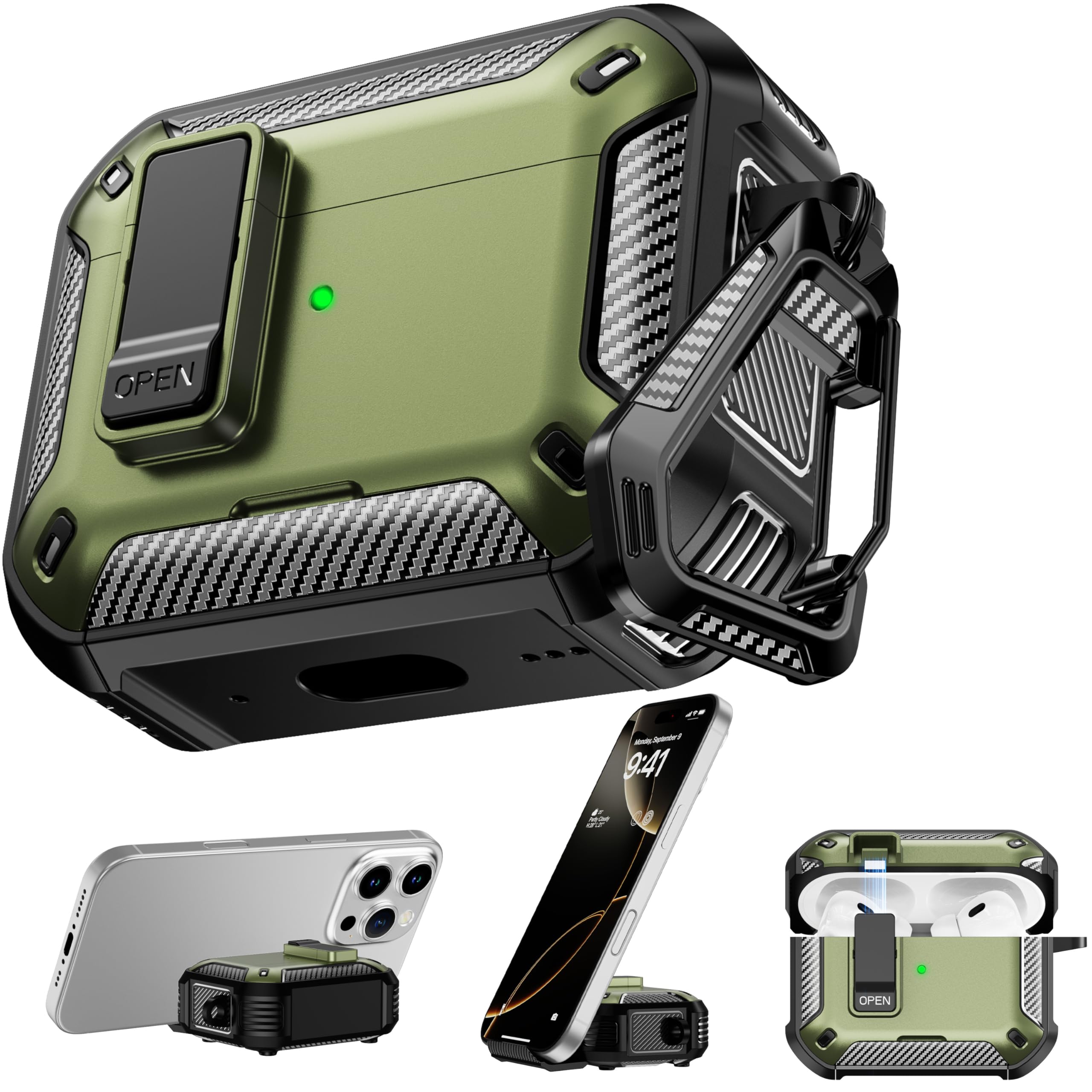 Photo 1 of RFUNGUANGO Compatible AirPods Pro 2nd Generation / 1st Generation Protective Case with Phone Holder and Compatible Back Magnetic Suction Function, Suitable for AirPods Pro 2 Case, Military Green