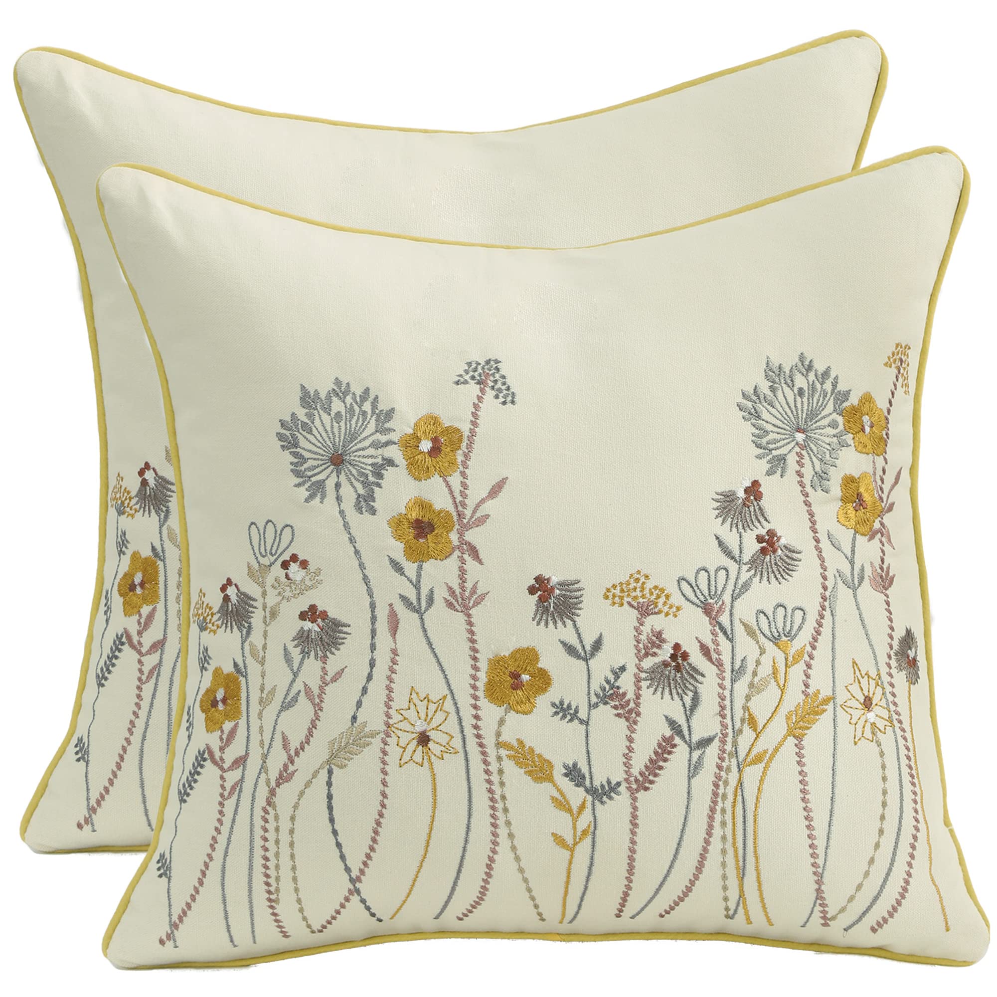 Tosleo Throw Pillow Covers Flower Embroidery 18 x 18 inch Spring Summer Cushion Cover Pillowcase Floral Set of 2 Yellow Flower Decorative for Garden Sofa Living Room Bed Couch Car Gift Home Deco — image 1