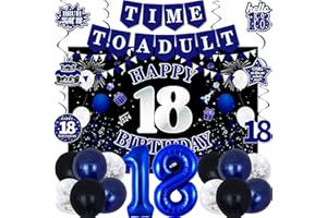 TAOTOSUNE 18th Birthday Decorations for Boys Girls, Blue Black Happy 18th Birthday Party Decorations, Time To Adult Birthday Banner, 18 Foil Balloons, Backdrop, Balloons, Hanging Swirls, Birthday Card Set 43pcs