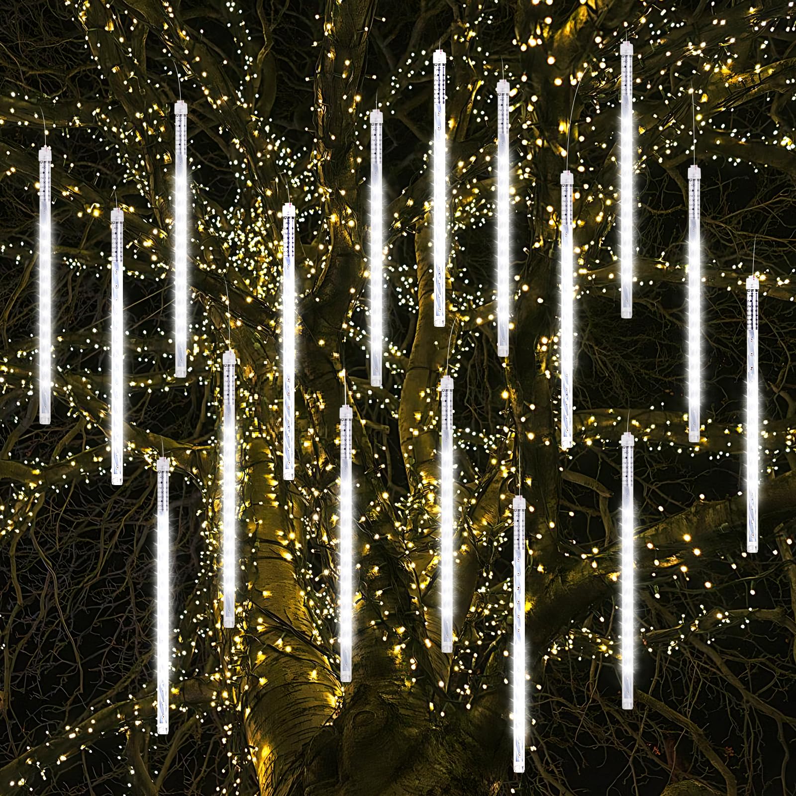 Vikdio Christmas Lights Outdoor, Meteor Shower Lights 16 Spiral Tubes 30cm 480 LEDs 5.25m Lit Length, Waterproof Snowfall Icicle Lights for Outdoor Xmas Decoration Party Tree Window (White)