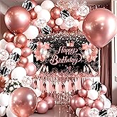 YinQin 80 PCS Rose Gold Happy Birthday Balloons Set with Photo Background Backdrop Banner Cloth Pink Gold Bday Party Balloon Decoration Gliter Rose Golden Happy Birthday Party Supplies for Girl Women