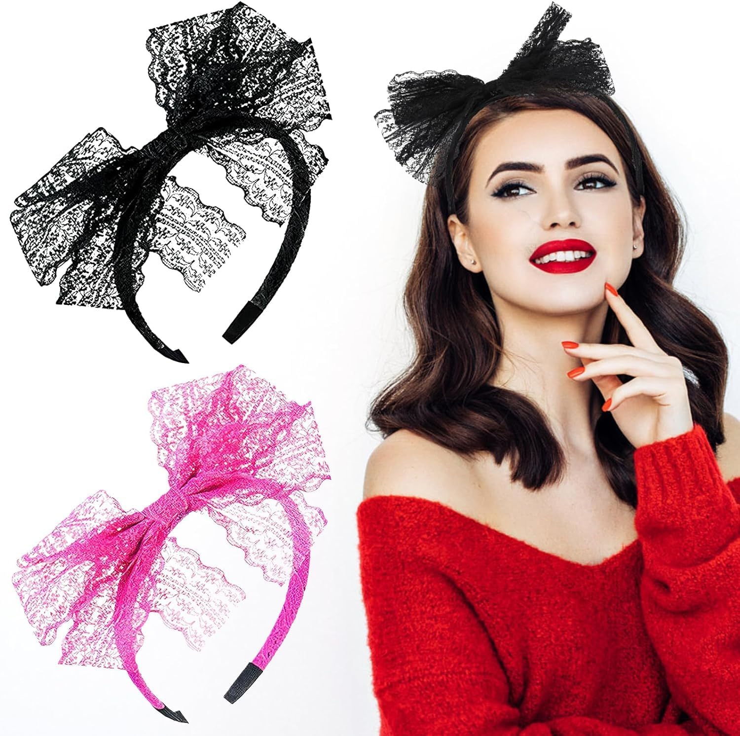 2 PCS Lace Bow Headband, 1980s Elastic Cosplay Hair Hoop Large Bowknot Neon Lace Headband 80s Hair Accessories for Theme Party Women Girls Carnival Christmas Part Daily Decoration (Black+Pink)