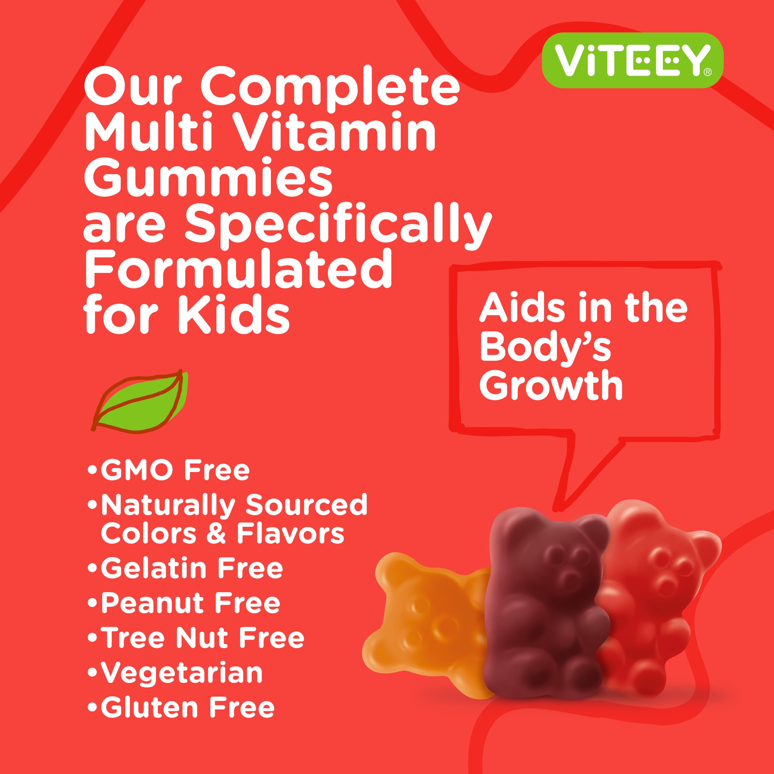 Viteey Kids Multivitamin Gummies, Complete Daily Essential Kids Vitamins - Great for Immune Support & Overall Health - 12 Essential Minerals & Vitamins - Vegetarian, Gelatin Free- Fruit Flavor Gummy
