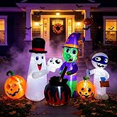 SEASONBLOW 8 FT Halloween Inflatable Witch Ghost Mummy Combo Decorations | Lighted Blow Up Witch Ghost Mummy with Witch Cauldron Pumpkin Decoration for Lawn Yard Garden Outdoor Holiday Decor