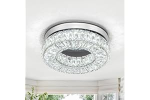 HomLaiting 11.8” Crystal Ceiling Light Fixture, 6500K Cool White Flush Mount Ceiling Light, Modern Round LED Small Chandeliers for Bedroom Closet Kitchen Bathroom Foyer Hallway