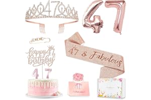 AWFRKY 47th Birthday Decorations for Her Women, Including 47 year old Birthday Cake Topper, Queen Sash with Pearl Pin, Sweet Rhinestone Tiara Crown, Number Candles and Balloons Set, Rose Gold