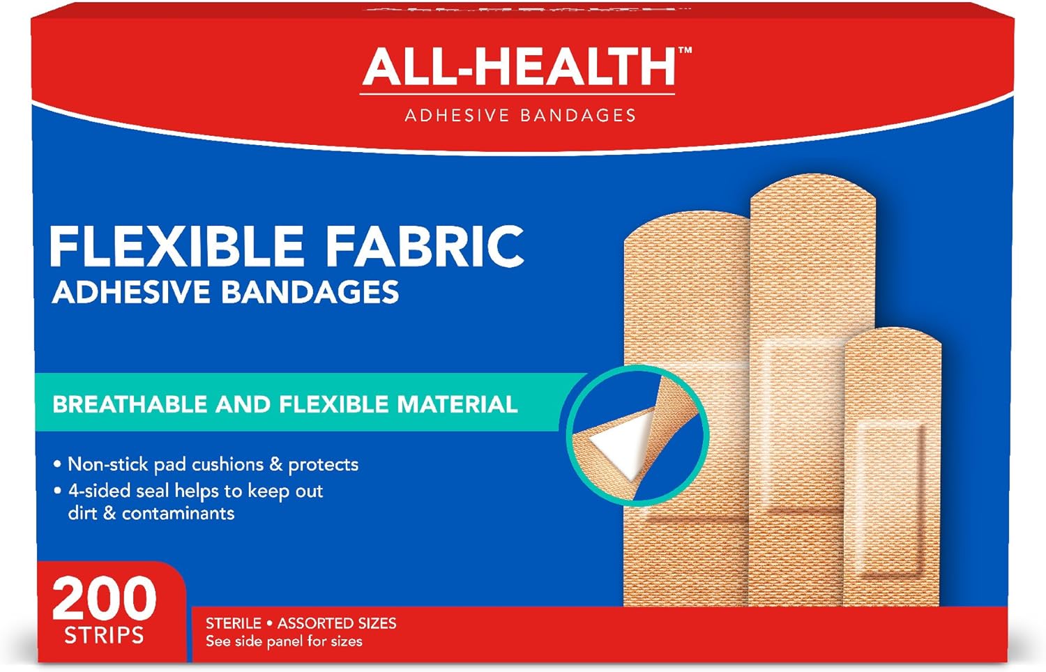 All Health Flexible Fabric Adhesive Bandages, Assorted Sizes Variety Pack, 200 ct | Flexible Protection for First Aid and Wound Care: Health & Personal Care
