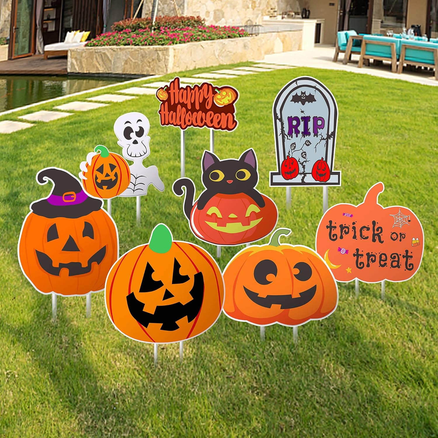 Yard Signs - Halloween Yard Sign Decorations,8Pcs Halloween Yard Signs with Stakes,Pumpkins,Skeleton and Black Cat Halloween Party Decor,Halloween Lawn Yard Decorations for Family,Halloween Outdoor Decorations