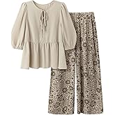 SHENHE Women's Plus Size 2 Piece Outfits Lantern Sleeve Peplum Blouse Babydoll Top Wide Leg Pants Set