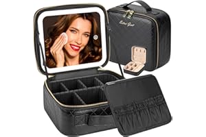 Extrei Gent Makeup Travel Train Case with Mirror LED Light 3 Adjustable Brightness Cosmetic Bag Portable Storage Adjustable Partition Waterproof Makeup Brushes Makeup Jewelry Gift for Women