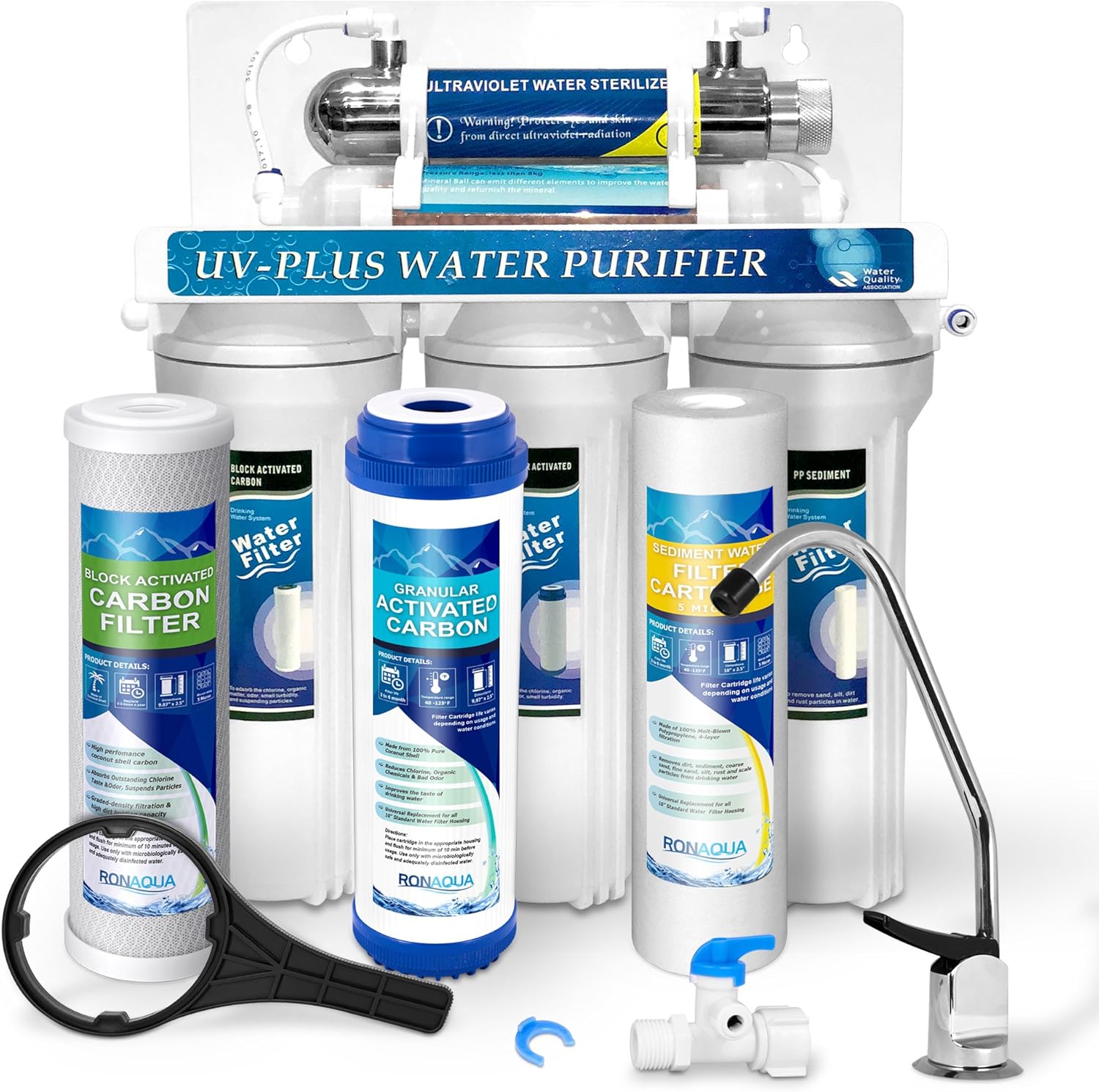 Under Sink Direct Connect Water Filtration System with Ultraviolet Light Water Sterilizer 6W, 1GPM & Mineral Filter with 100% Lead-Free Chrome Faucet -Removes Chlorine, Bad Tastes, Odors & More