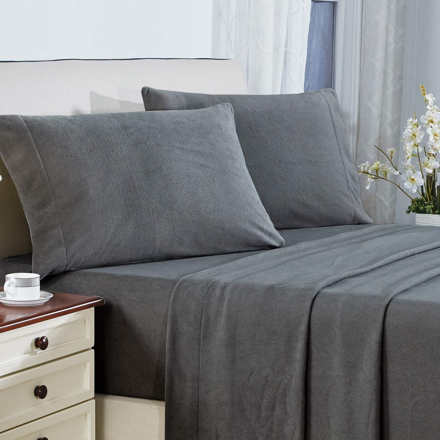 Viviland Plush Micro Fleece Bed Sheet Set, Extra Breathable Polar Fleece 4 Pcs Bed Sheets, with