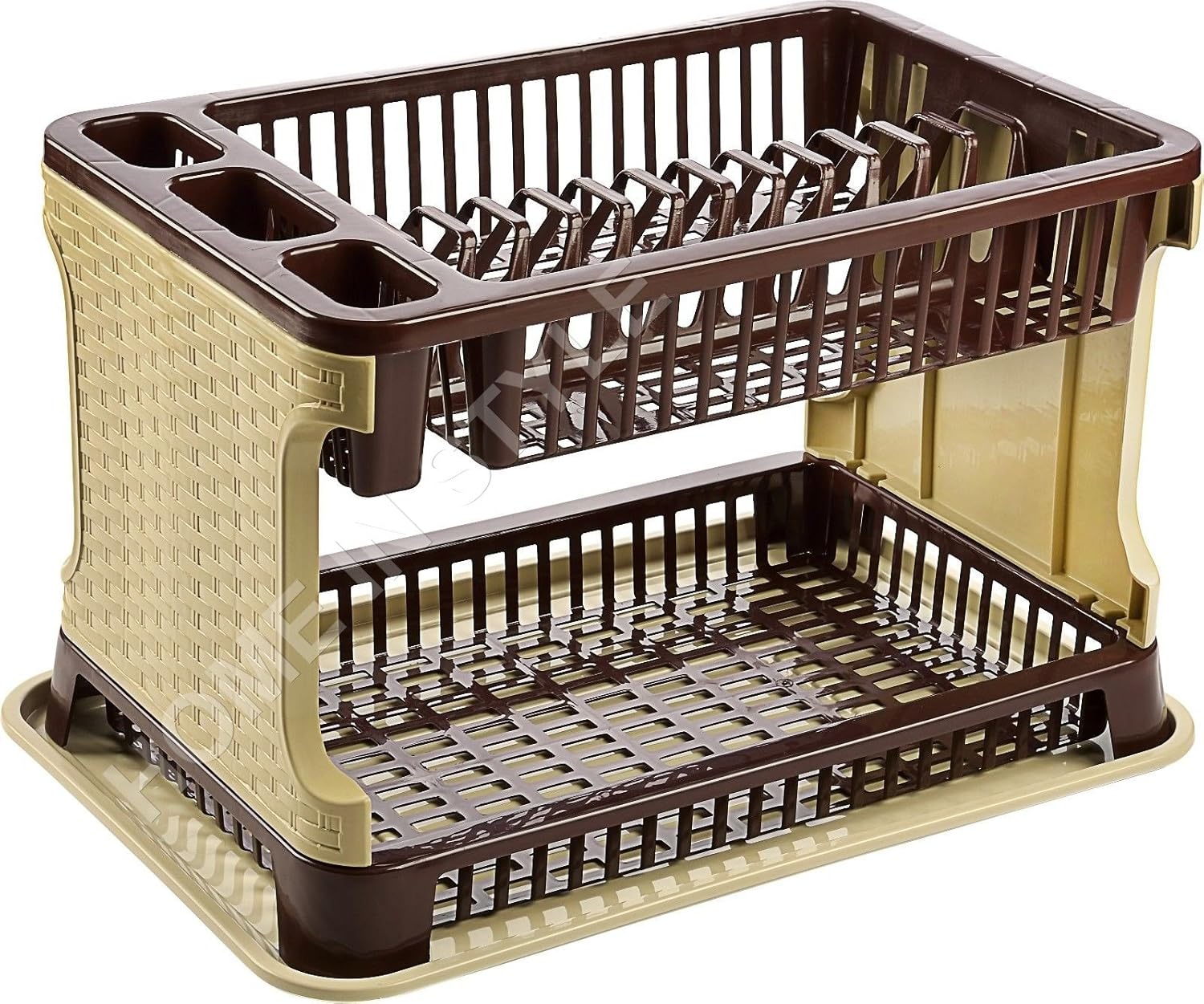 High Quality 2 Tier Layer Dish Drainer Rack (Brown/Beige Rattan Style