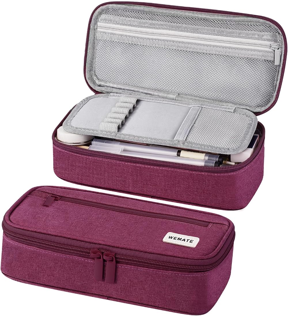 WEMATE Large Pencil Case 9 x 4.3 x 2.4in 5 Compartments Canvas Purple Red