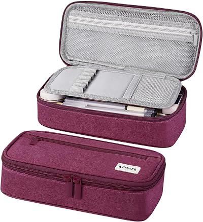 WEMATE Large Pencil Case 9 x 4.3 x 2.4in 5 Compartments Canvas Purple Red
