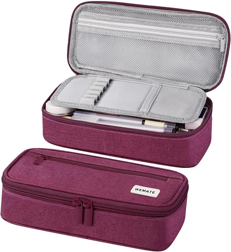 WEMATE Large Pencil Case 9 x 4.3 x 2.4in 5 Compartments Canvas Purple Red