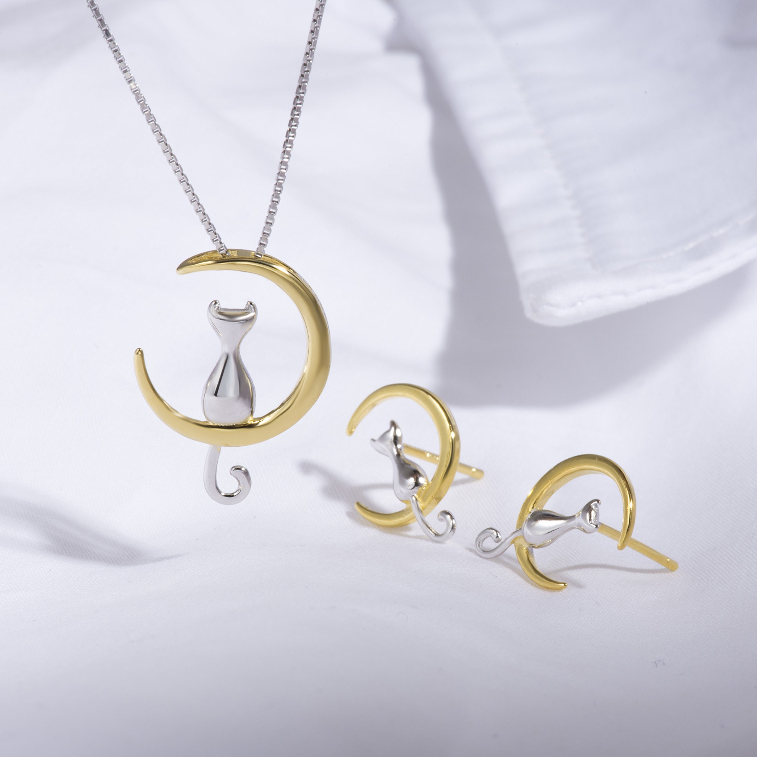 S.Leaf 18Karat Plated Cat Earrings for Women 925 Sterling Silver Hypoallergenic Cat Moon Stuff Lovers Jewelry for Women Trendy Birthday Friendship Anniversary Best Gifts for Women Her Party