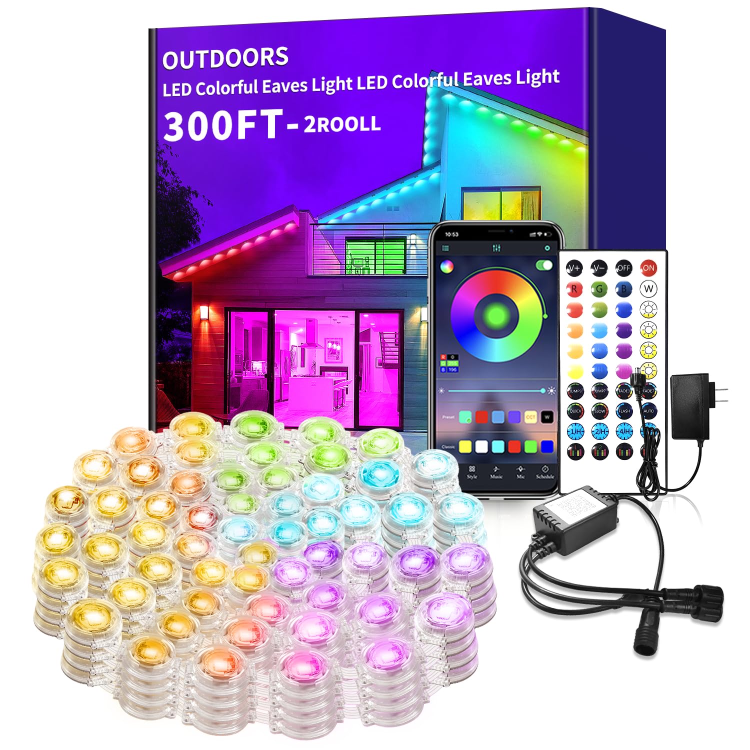 Photo 1 of 300FT Permanent Outdoor Lights for House,Waterproof Smart RGB LED Eaves Lights?permanent outdoor lights with App/Remote Control,Music synchronisation?for House,Halloween,Roof,Christmas Decorations