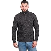 SAOL 100% Merino Wool Mens Zip Neck Sweater Irish Fisherman Cable Knit Winter Outdoor Pullover Aran Jumper