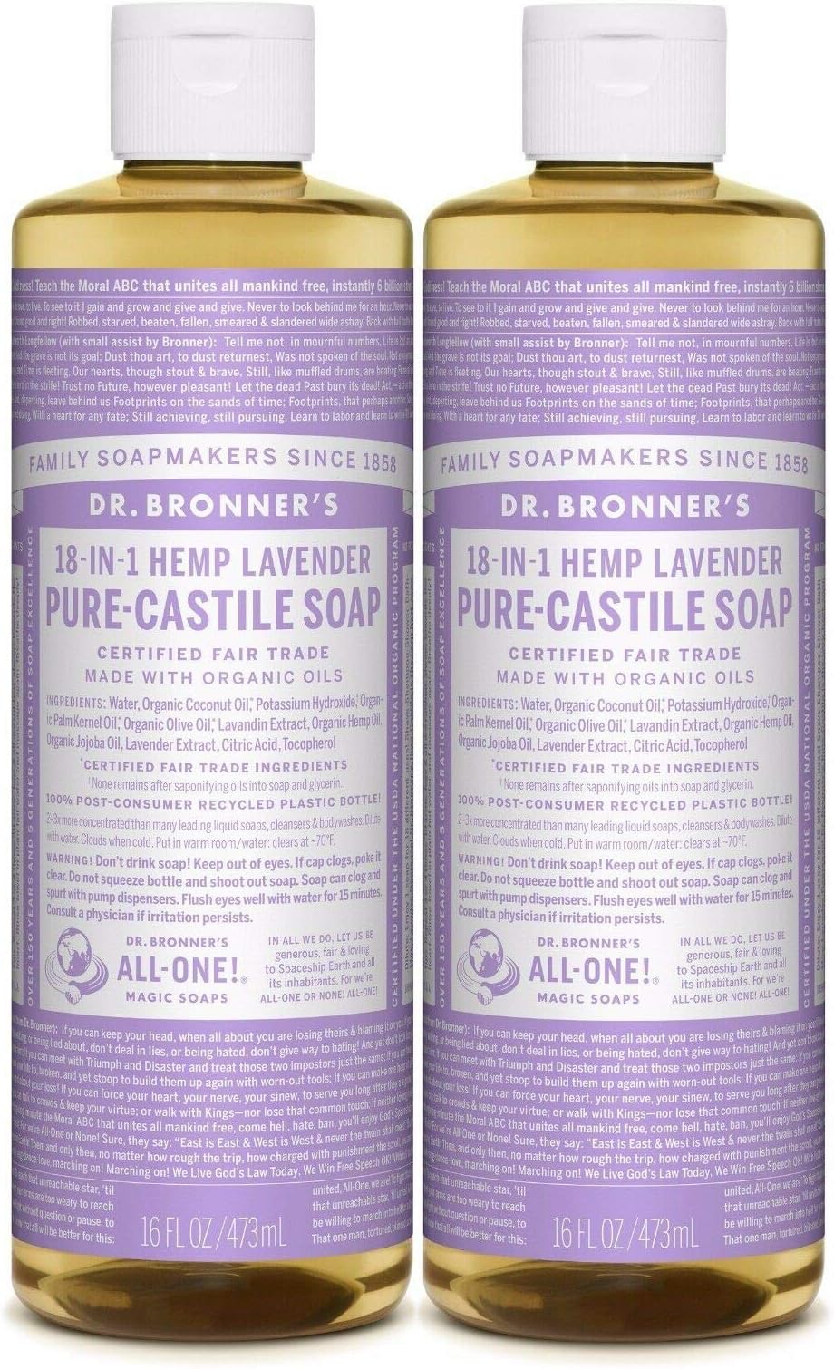 Dr Bronner Lavender Castile Liquid Soap 472ml 2 Pack Organic Biodegradable