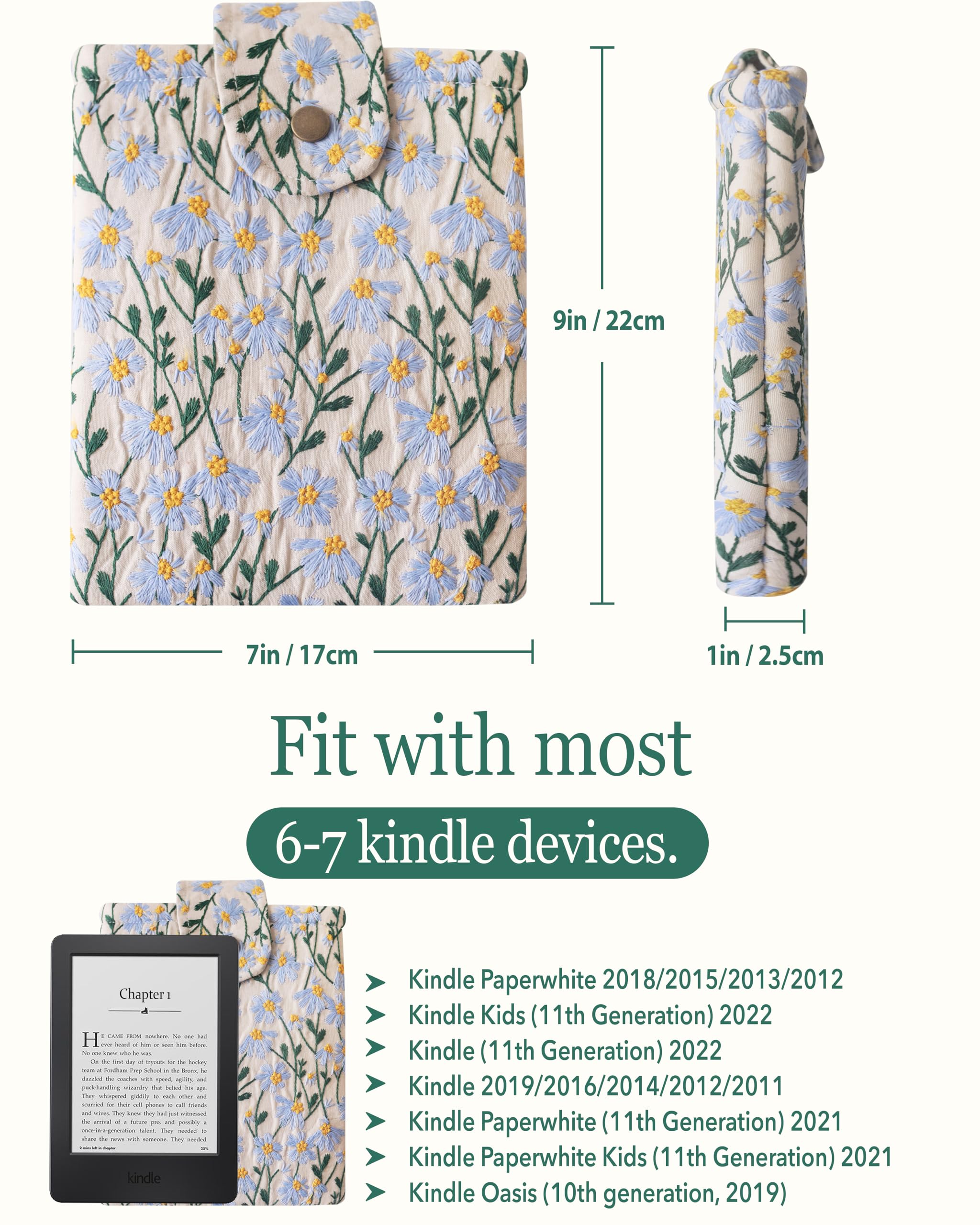 Embroidered Sleeve for Kindle Oasis, iPad mini A17, Kobo Libra Colour, Boox Go 7 - Padded Case for Small Tablets & E-Readers, Handcrafted - Multiple Colors