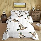 Feelyou Mallard Duck Bedding Set Hunting and Fishing Comforter Set Wild Animal Comforter for Boys Girls Kids Wildlife White Duvet Set Twin Size with 1 Pillow Case