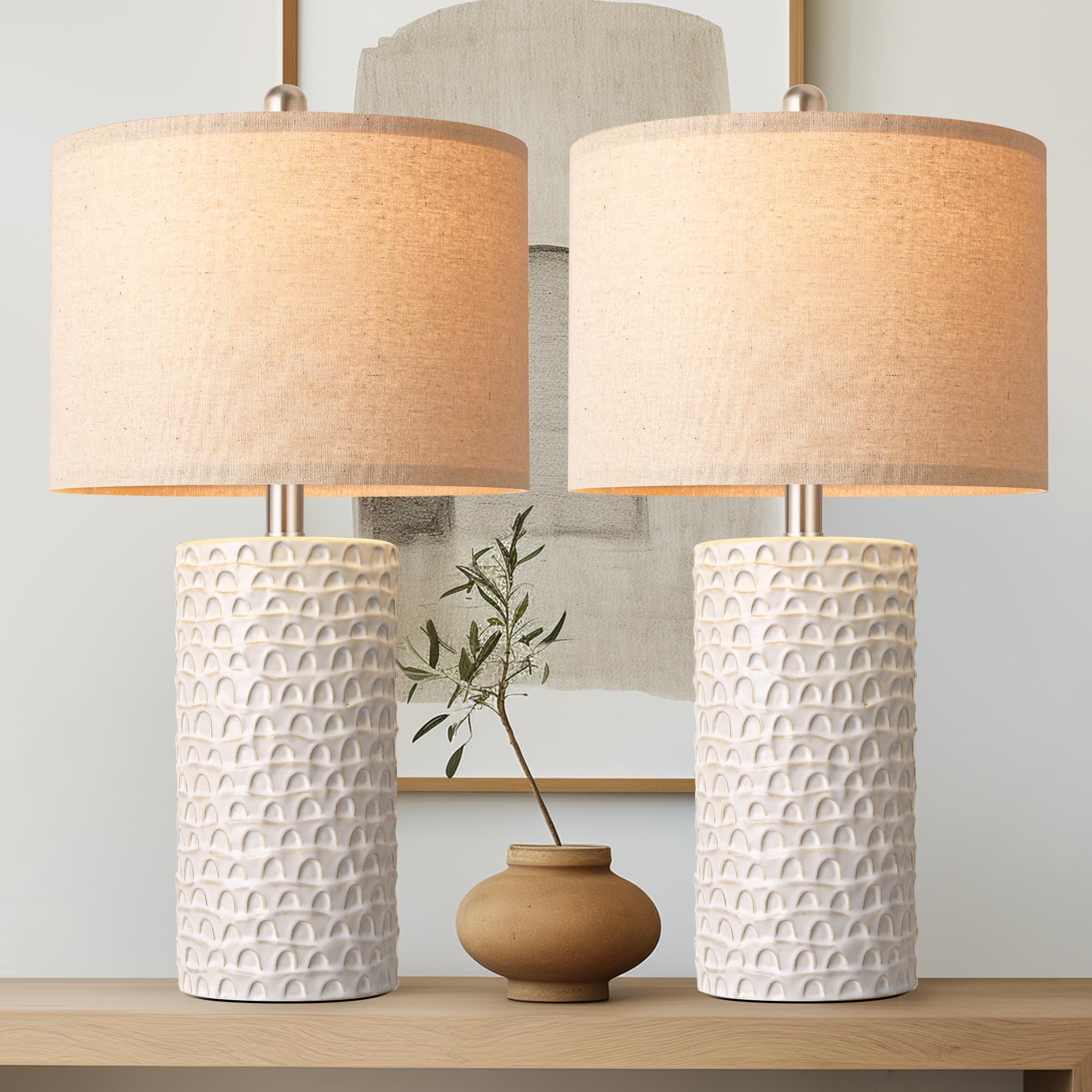 Photo 1 of PARTPHONER 23" Modern Ceramic Table Lamp Set of 2, Table Lamps for Living Room, Rustic Farmhouse Bedside Lamps Nightstand lamp for Bedroom, White Desk Lamp for End Table Home Decor Beige