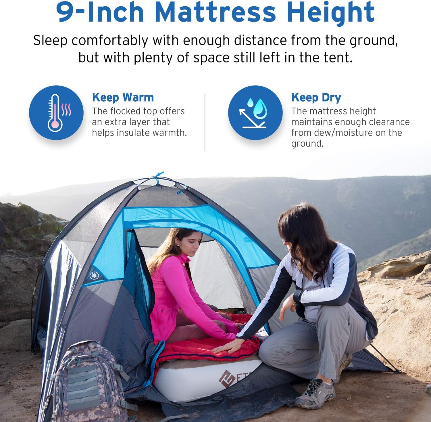 Etekcity Camping Air Mattress, Inflatable Mattress Air Bed Queen Twin with Rechargeable Pump, Leak-Proof Blow Up Mattress Raised Airbed , Height 9", Storage Bag: Sports & Outdoors