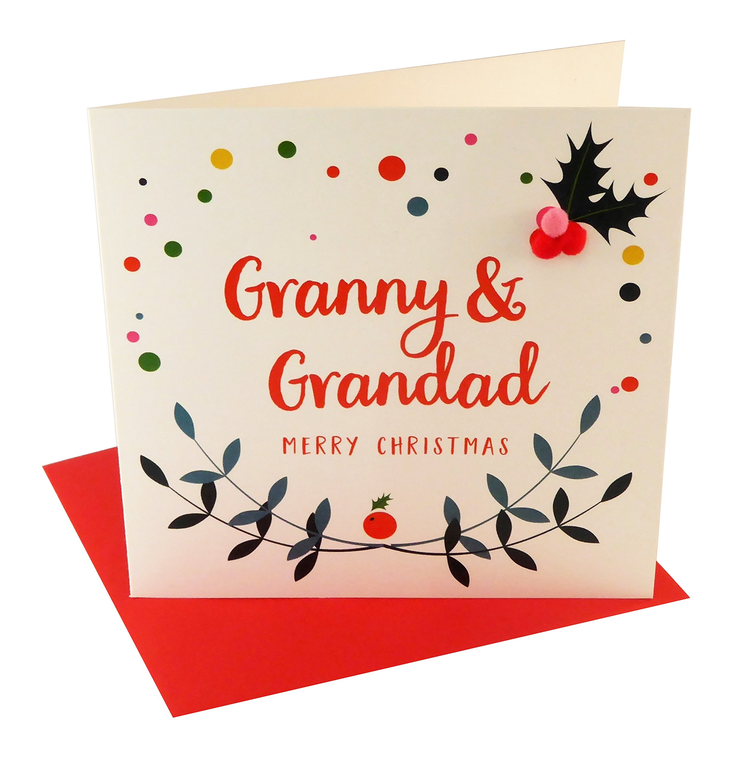 Claire Giles Greeting Cards, Happy Christmas Granny and Grandad Card, Laurel and Berry Design Xmas Greeting Card, Embellished with Colourful Pompoms