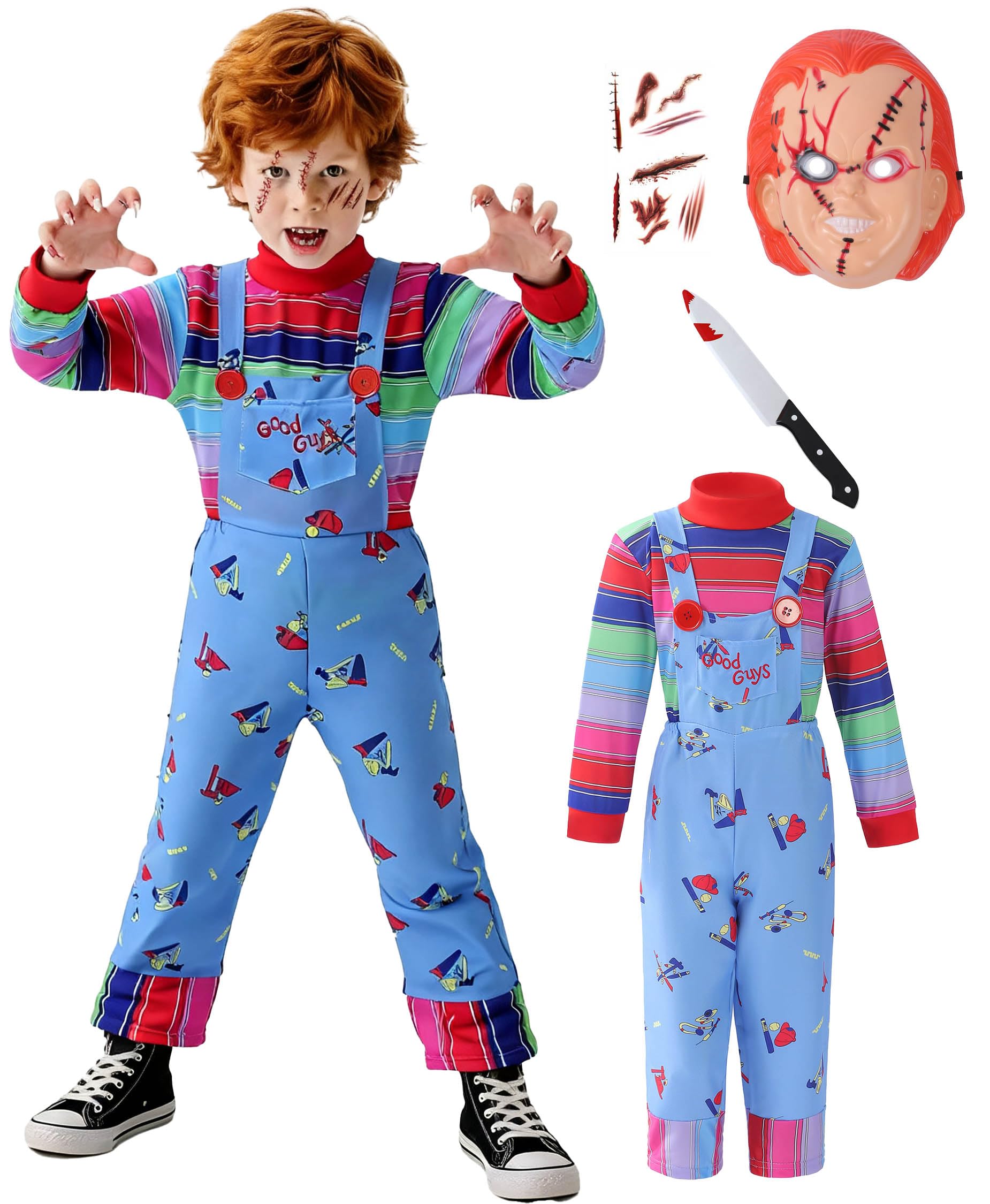 Photo 1 of 5 Pcs Chucky Costume for Kids Halloween Ghost Costume with Mask Knife Tattoos Sticker Paper for Boys Girls Toddler (Large)