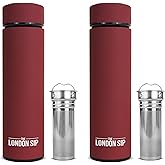 London Sip Multi-Purpose Travel Mug and Tumbler Fruit Infused Flask Hot and Cold Double Wall Stainless Steel Thermos with Extra-Long Infuser, Sacred Red, Pack of 2