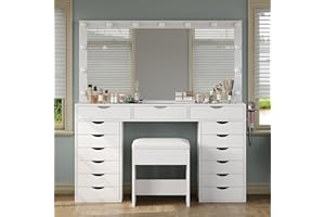 Yanosaku 15 Drawers Vanity Desk with Power Outlet, Makeup Table with Mirror and 13 LED Lights, 3 Color Lighting Modes, Brightness Adjustable, Glass Top Dressing Table, Vanity Set for Bedroom (White)