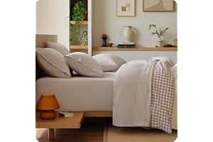 Bedsure 100% Washed Cotton Percale Sheets Queen Size - Linen Like Textured 6-Piece Bedsheet Set with 18" Deep Pocket, Breathable & PureWoven Soft Comfy (Linen, Queen)