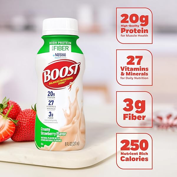 BOOST HIGH PROTEIN WITH FIBER READY TO DRINK COMPLETE NUTRITIONAL DRINK, CREAMY STRAWBERRY, 8 FL OZ BOTTLE, 24 PACK
