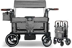 TODEFULL Wagon Stroller for 2 Kids, Foldable Kids Wagon Cart Featuring with Harnesses, Adjustable Double Push Handle, Removable Canopy, Snack Tray, Large Storage Bag, Gray