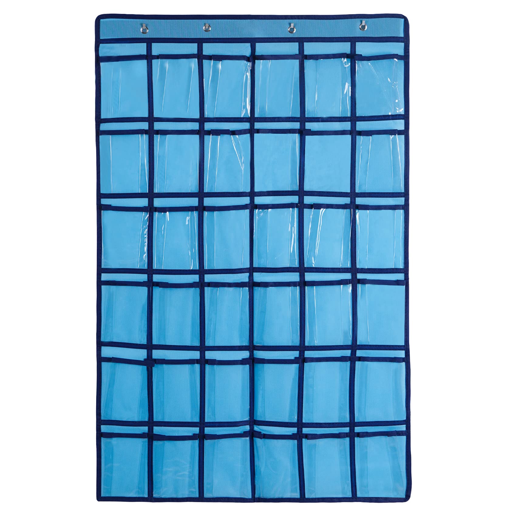 SAVORLIVING 36 Clear Pockets Classroom Pocket Chart Organizer, Cell Phones Calculator Holder with Hooks, Hanging Wall Door Calculators Phone Caddy (Blue)