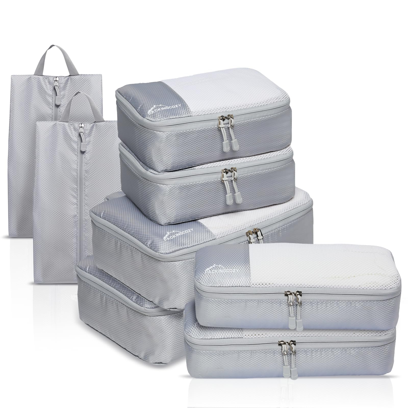 Photo 1 of Packing Cubes for Travel, 8 Set Packing Organizers with Zipper Pulls and Mesh Top Panel - Light-weight Travel Cubes for Carry On and Suitcases, Light Gray