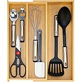Large Bamboo Silverware Drawer Organizer Tray Kitchen Tool Drawer Divider Organizers Storage Expandable Cooking Utensil Organizer Wooden Cutlery Tray Spoon Flatware Organizers Utensil Holder Drawers